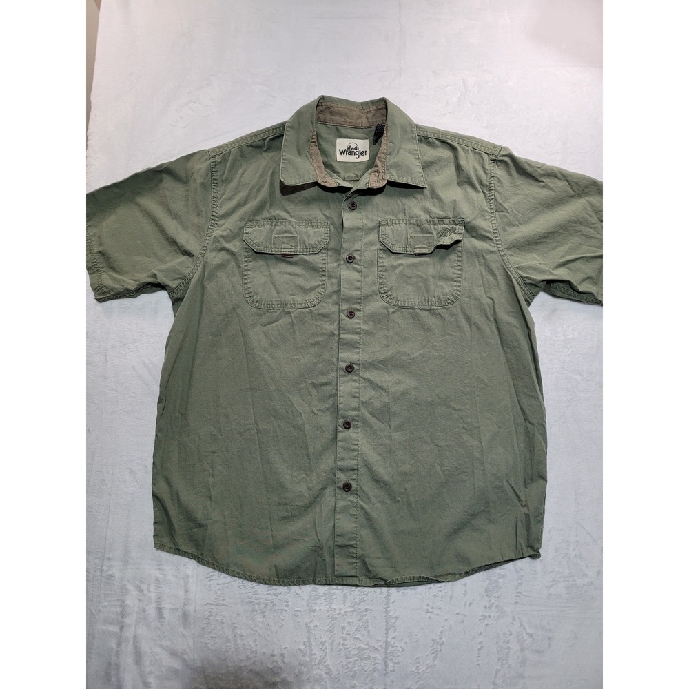 Wrangler Button Down Shirt‎ Mens Large Green Short Sleeve Cotton Utility